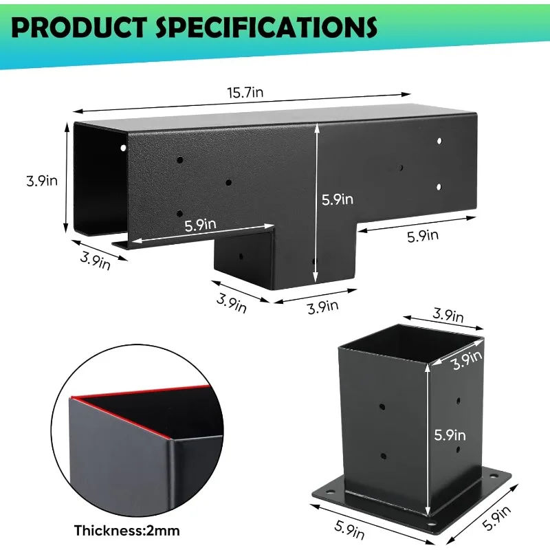 Pergola Brackets Kit 4x4 -3-Way Right Angle Corner Bracket, Pergola Brackets Base Kit with 2 T-Brackets and 2 Bases,