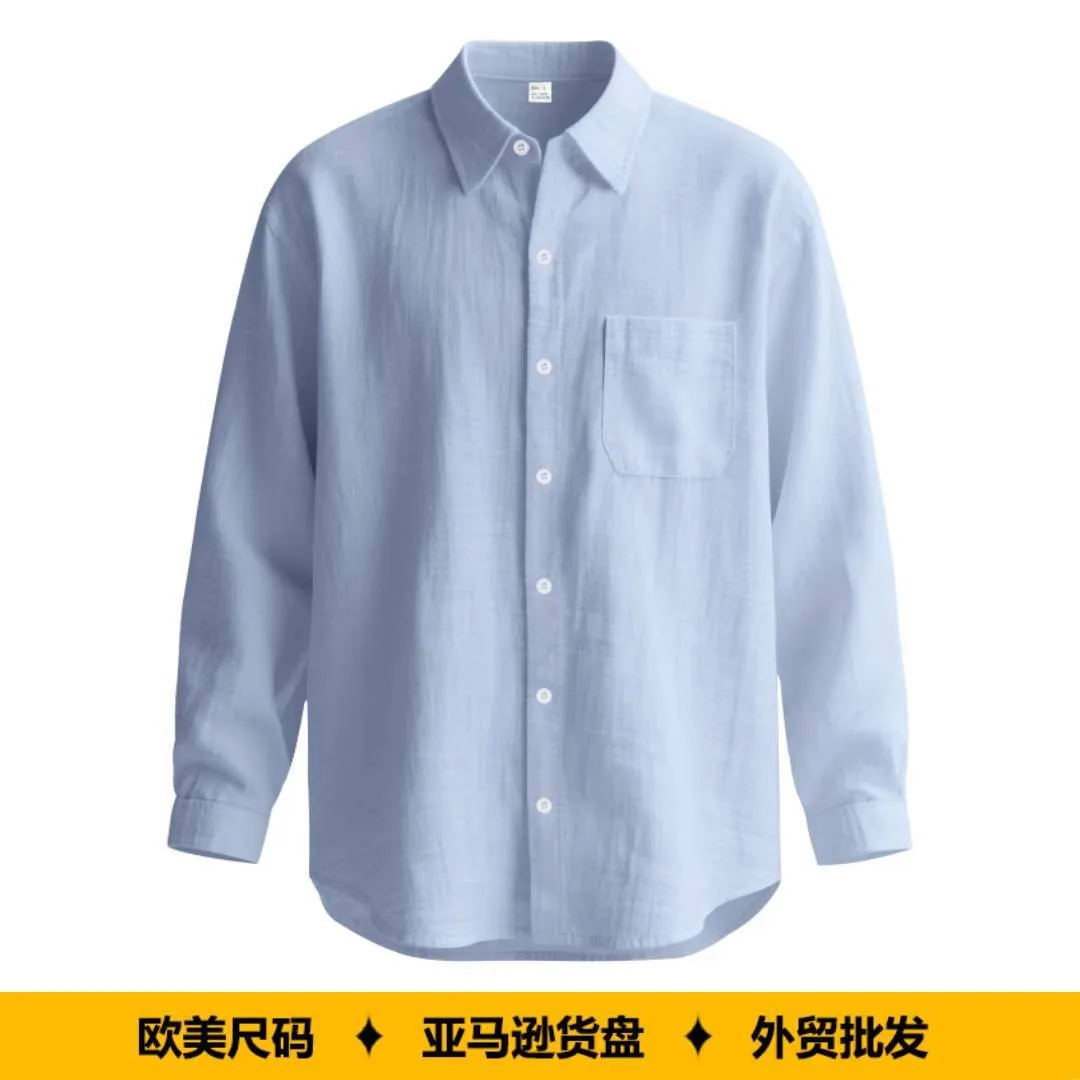 

Men's Shirt Linen Light Blue Loose Shirts Solid Gray Casual Shirt Turn Collar Beige Button Down Long Sleeve Front Pocket
