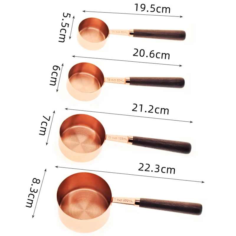 Measuring Cups Spoons Set Wood Handle Stainless Steel Plated Copper Metal Measuring Scoop Baking Kit Kitchen Accessories