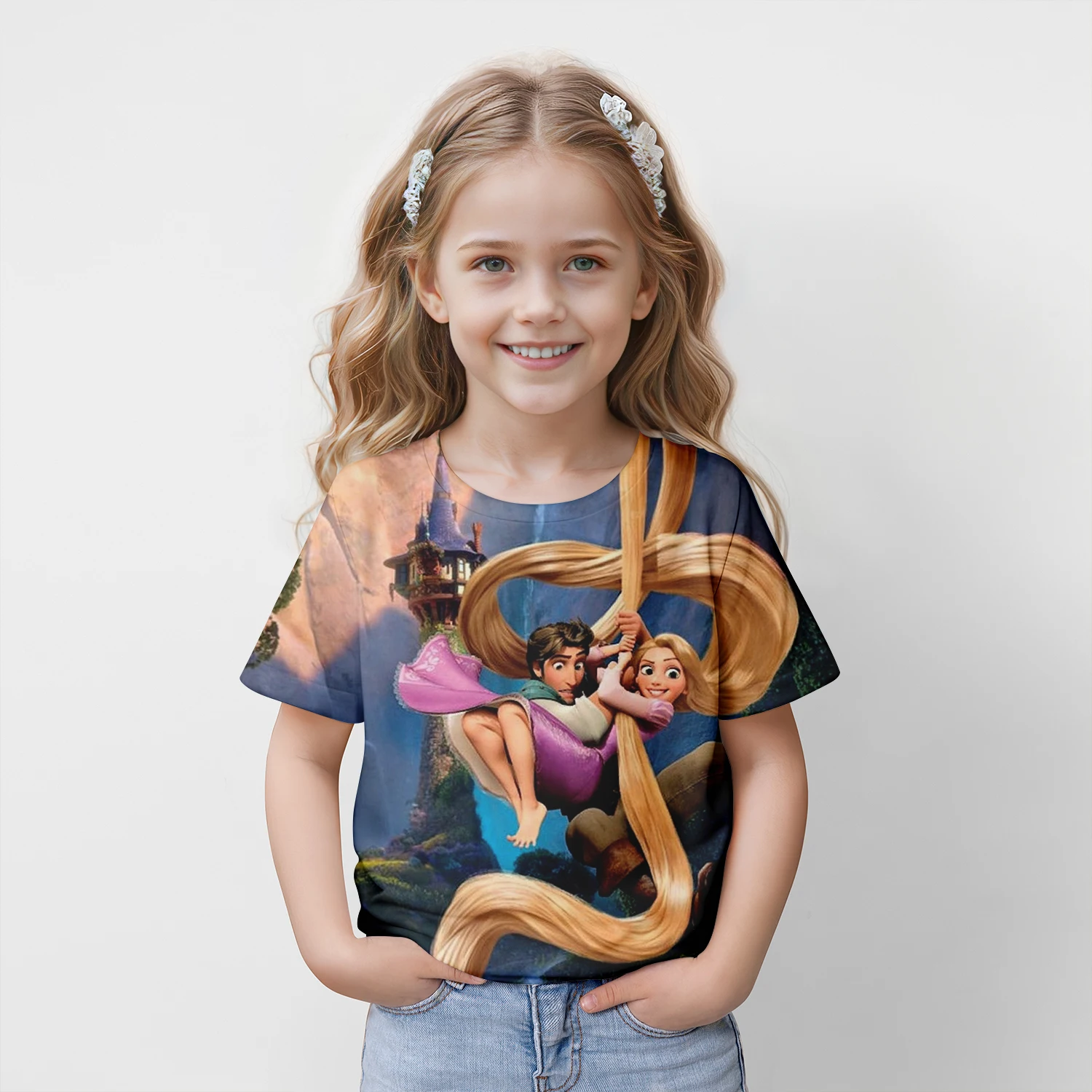 MINISO Disney Princess Rapunzel 2024 Summer 4-14 Years Children Kids Cool Boy Cute Girls Lightweight 3D Print T-Shirt Tops