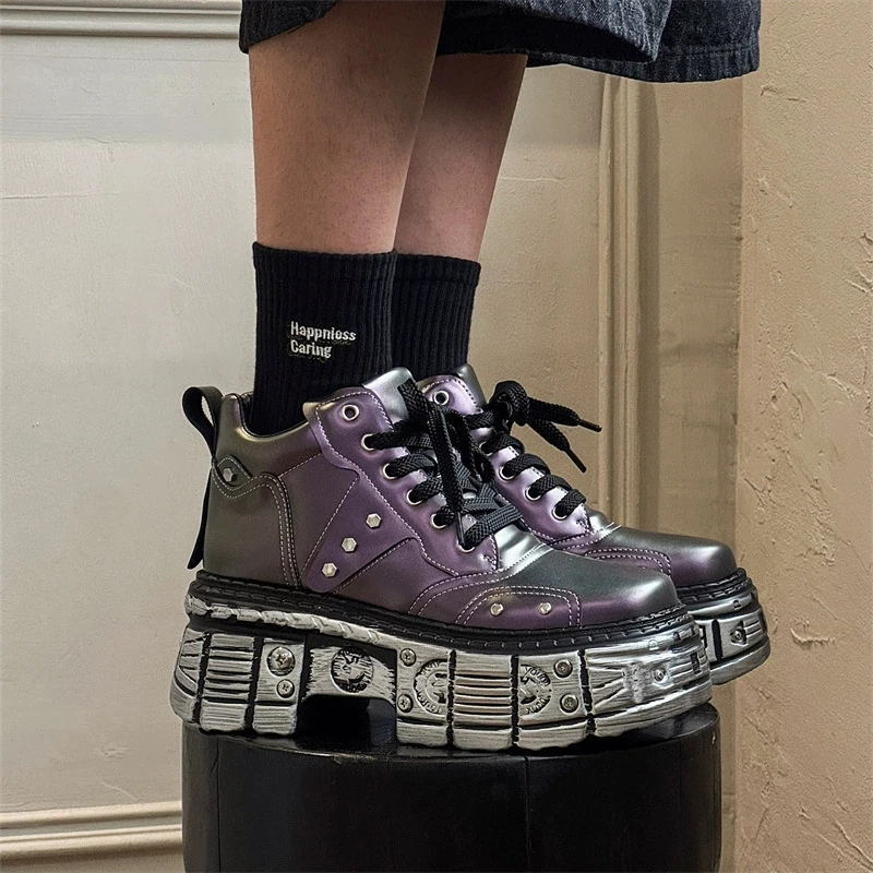 Chunky Sneaker Men Designer Retro Punk Motorcycle Boots Fashion Casual Leather Fabric Height Increased Flat Platform Sport Shoes