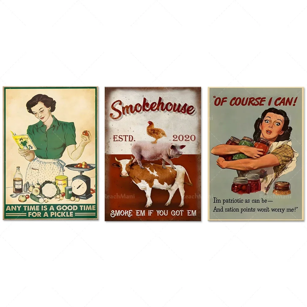 

Woman looking at recipe, pickles anytime poster, chicken pig beef retro smokehouse barbecue poster, canned food canned poster