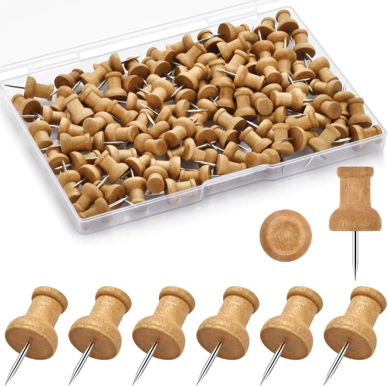

100Pcs Natural Wood Push Pins, Rust-Proof Thumb Tacks for Cork Board, Bulletin Board, Maps, Decorative Wooden Pins