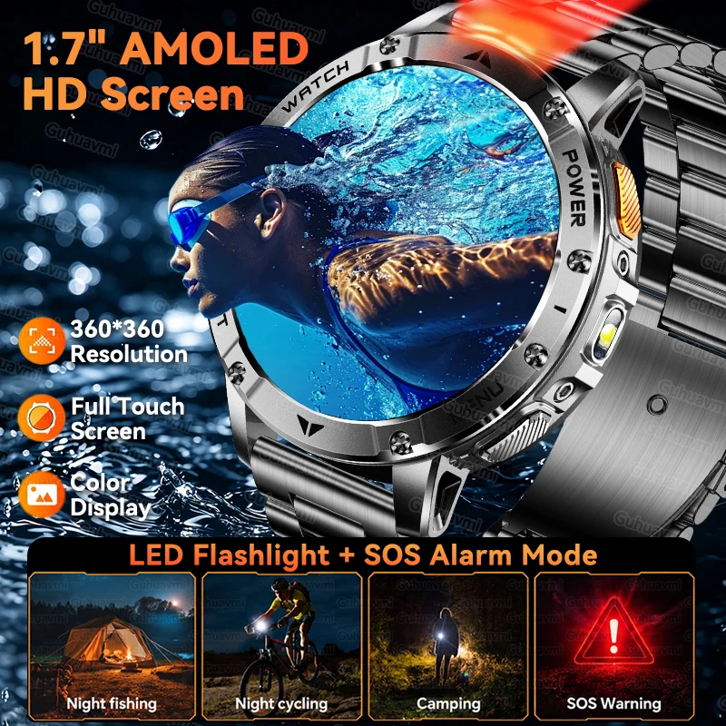 Outdoor Military 1400mAh 200-Day Standby Smartwatch Men GPS Tactical Clock Rugged IP68Waterproof SOS Flashlight Call Sport Watch