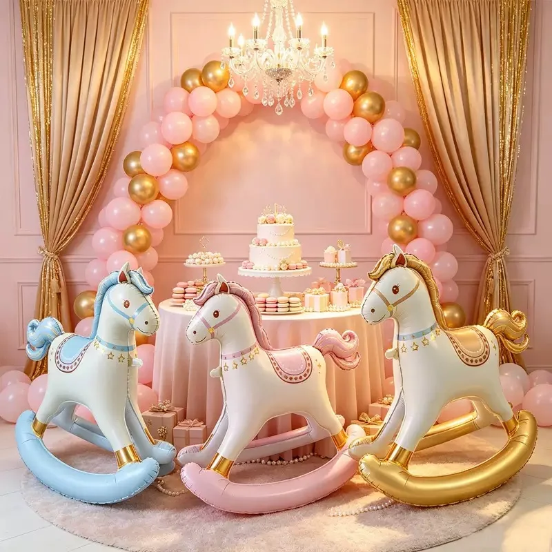 New 3D rocking horse aluminum film balloons for children's birthday party decoration, pink and blue cartoon animal wooden horse - view 2