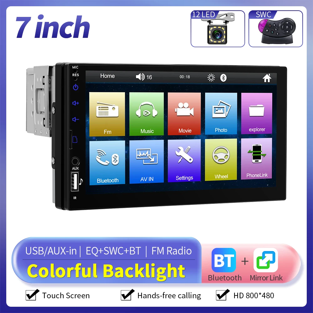 Camecho 1 Din Autoradio 7 "HD Touchscreen Stereo Multimedia MP5 Videospeler Universele Mirrorlink FM USB BT TF-kaart AUX-ingang