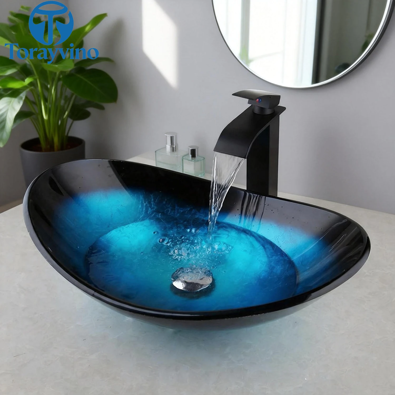 

Torayvino Bathroom Sink Faucet Vessel Drain Combo Set Lavabo Oval Taps Basin Stream Spout Waterfall Spray Hot & Cold Mixer tap