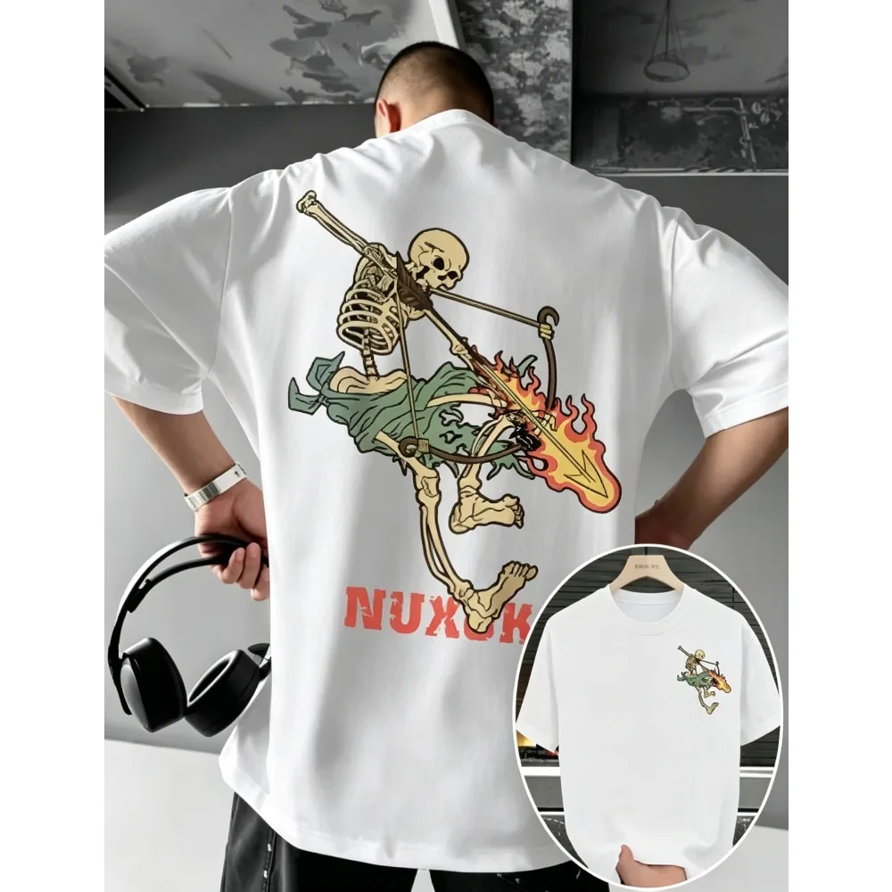2026 New Unisex O-neck Short Sleeve T-shirt Double Sided Print Back Skeleton Archer With Flaming Arrow NUXUK Vintage Font