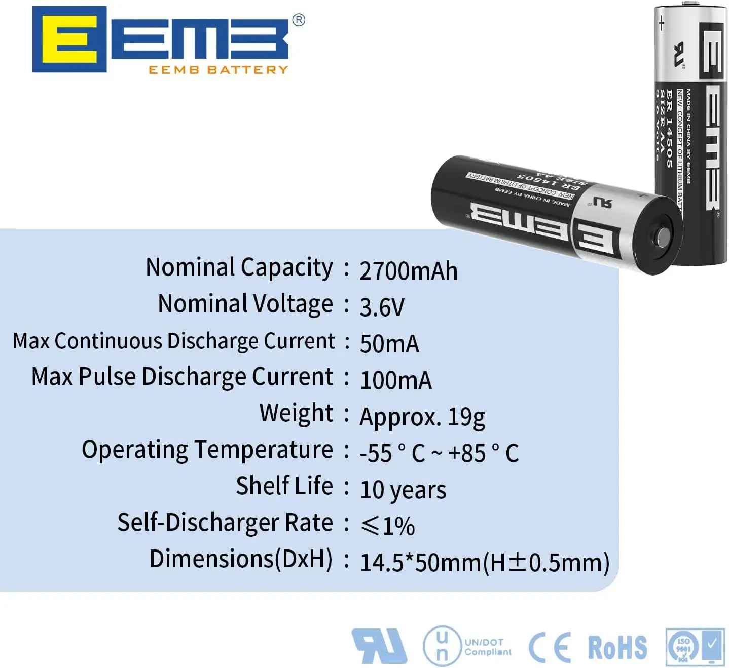 EEMB 100Pack ER14505 AA 3.6V Lithium Battery Li-SOCL₂ Non-Rechargeable Battery SB-AA11 LS14500 TL-5903 SL-360 S7-400 ER14500