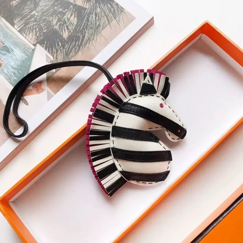

New Quality Leather Handmade Zebra Head Pendant Sheepskin Hand Sewn Unicorn Pendant Keychain Car Pendant Handbag Pendant