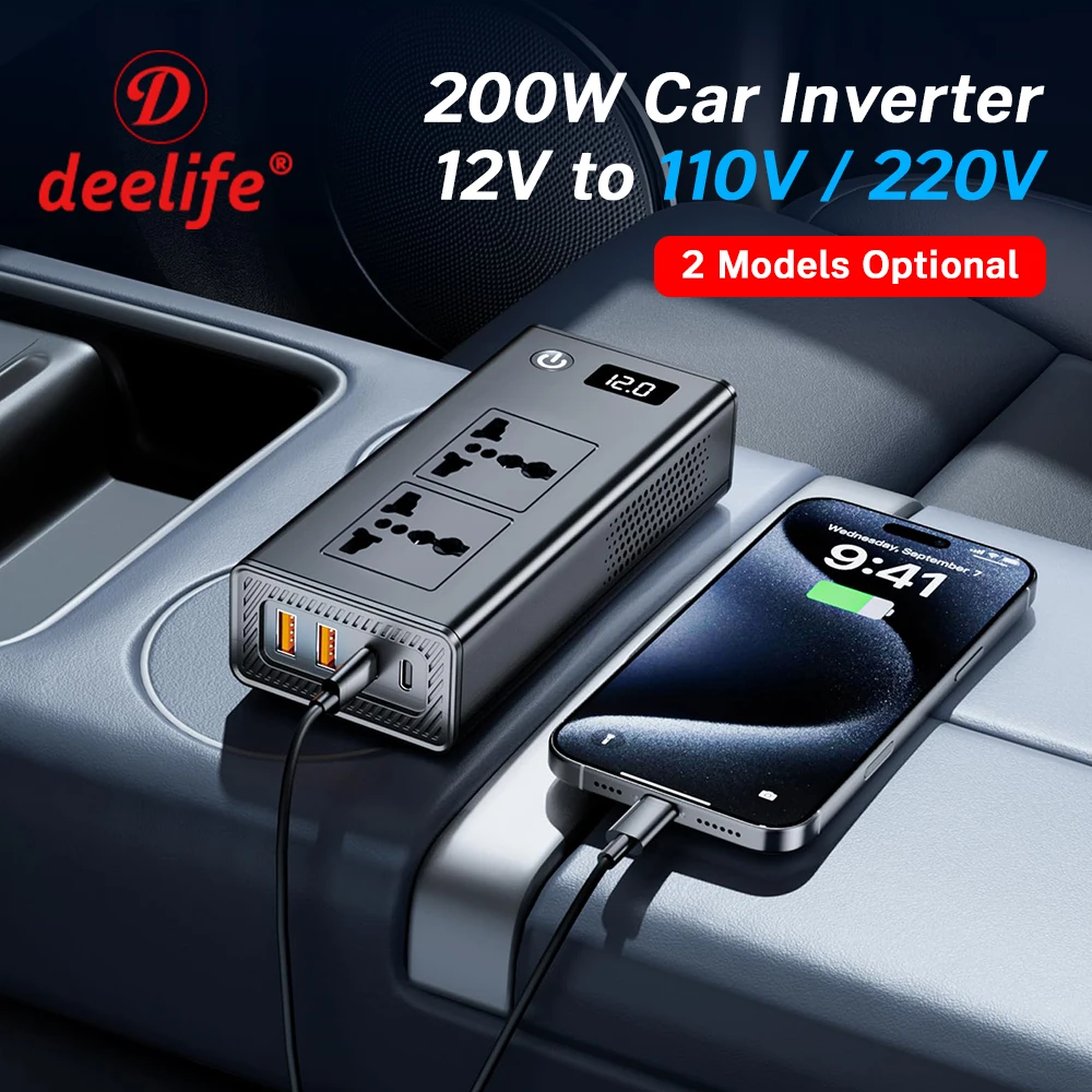 

Deelife 200W Car Inverter DC 12V to AC 110V or 220V Vehicle Power Converter with Type-C and QC3.0 Fast Charger