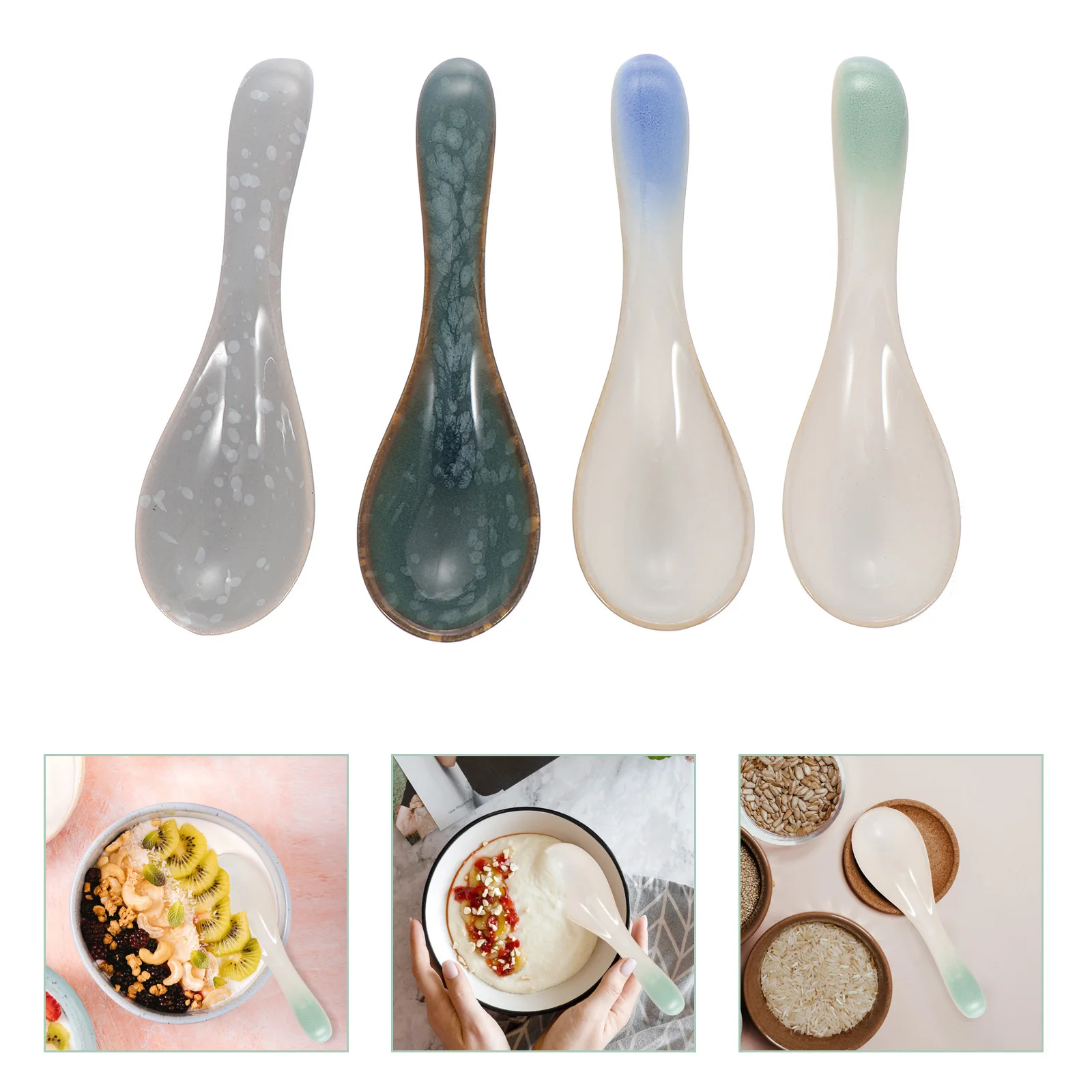 

4Pcs Household Ceramic Spoon Reasonable Capacity Smooth Touch Elegant Tableware Decoration Japanese Ceramic Spoon