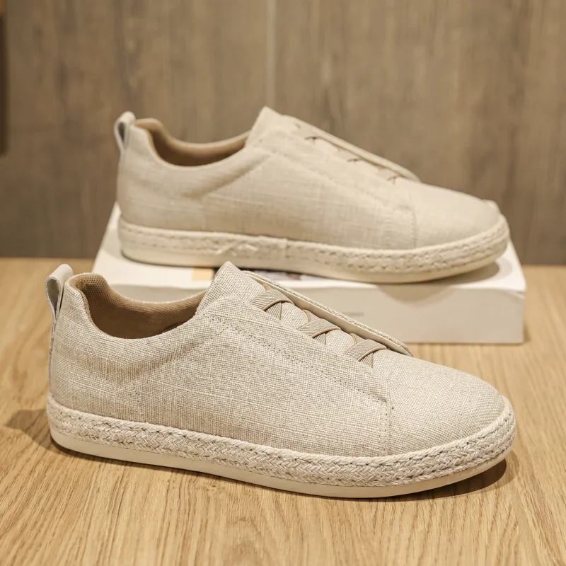 

Men's Canvas Shoes Summer Linen Woven Lightweight Breathable Casual Bean Shoes Retro Sports Fishing Boat Shoes