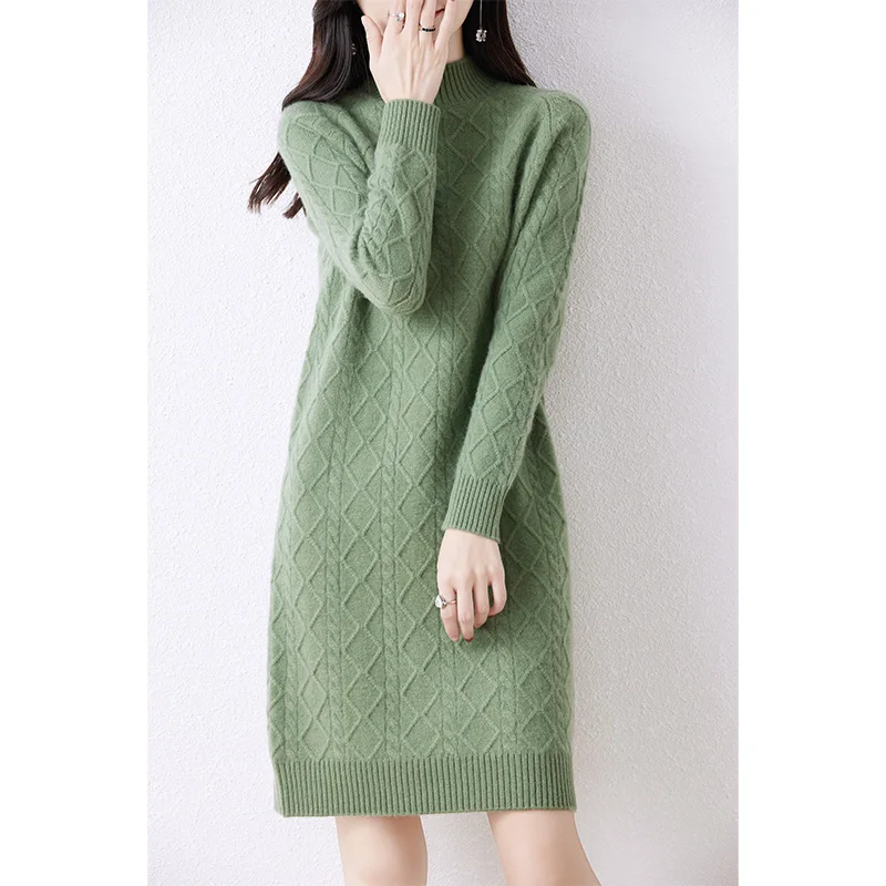 100% Wool Dress For Women 2023 Autunm/Winter Cashmere Thick Sweaters Hot Sale Long Style 5Colors Jumpers DR01