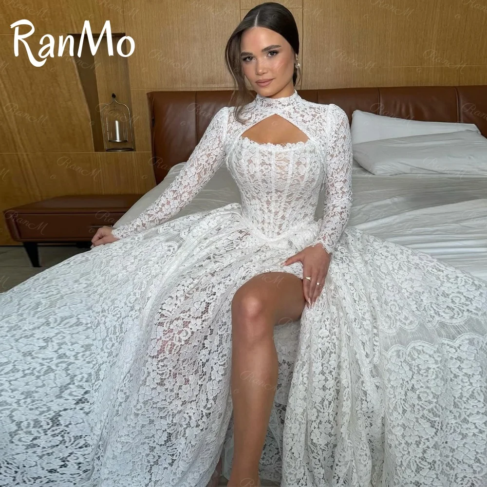Ranmo 2025 Customized Elegant Full Sleeves Evening Dress High Quality Lace Bridal Gown Temperament Beaded Bridal Party Gown New