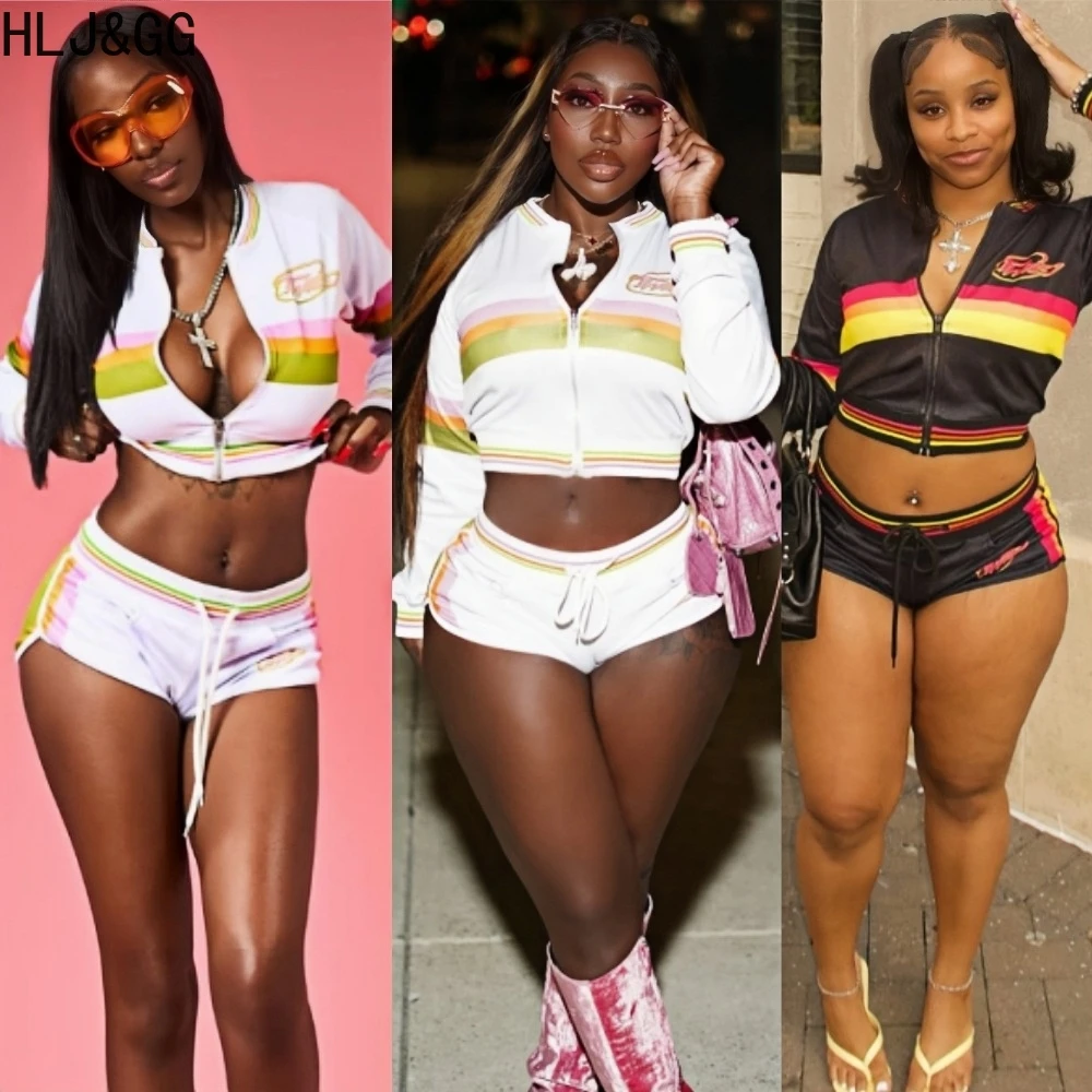 

HLJ &GG модные лоскутные комплекты из двух предметов в полоску с принтом, женский укороченный топ на молнии с длинными рукавами и шорты на шнурке, уличная одежда