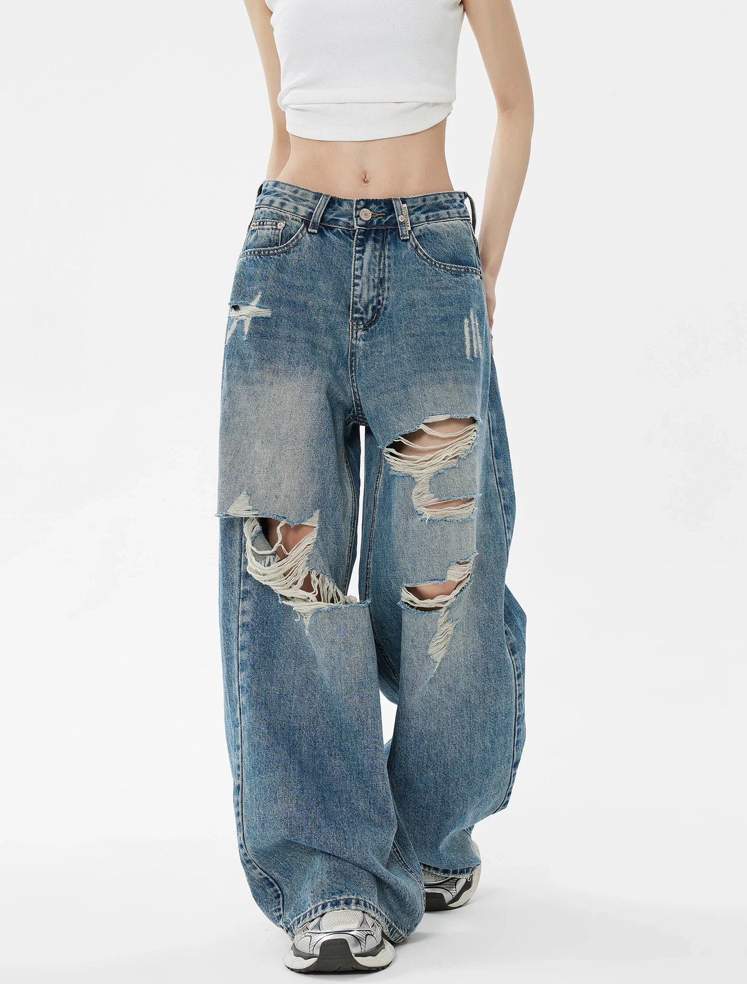 American Retro Ripped Women Jeans Loose High Street Simple Basic Woman Jeans Fashion Casual Slim Chicly Wide Leg Pants Female