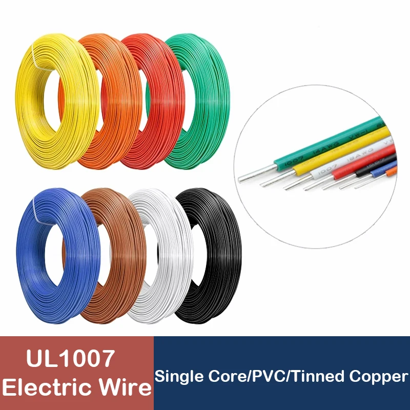 5/10/20M UL1007 PVC Tinned Copper Single Core Wire 14/16/18/20/22/24/26 AWG Cable Line DIY PCB Electron wires