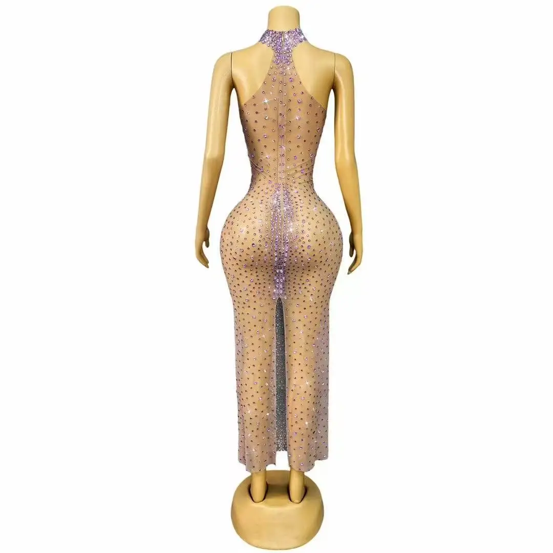 Seksowna Przezroczysta Sukienka z Siateczki na Wieczór, Wesele, Bal, Urodziny, Sesję Zdjęciową, z Błyszczącymi Dżetami, Długa