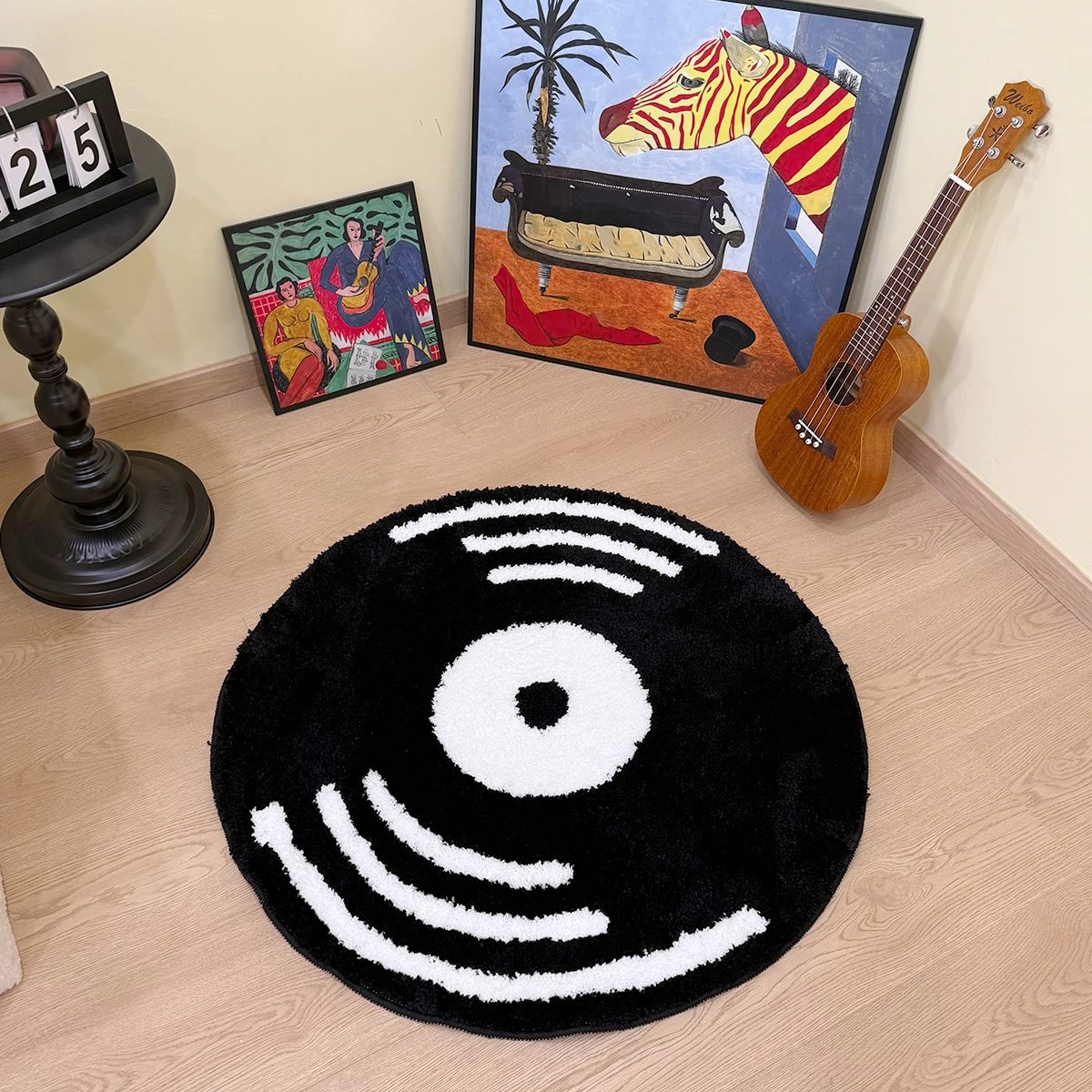 AGILESTAR Tufted Vinyl Record Round Rug, Retro Music Fluffy Area Rug, Non Slip Floor Mat for Bedroom Living Room Home Decor
