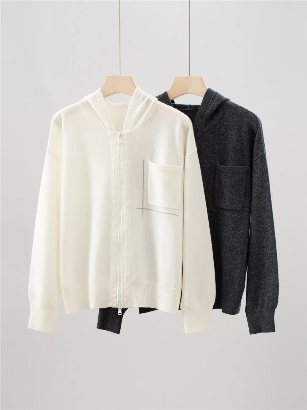 

25New Cashmere Bead Chain Pocket Knitted Hooded Zipper Cardigan Casual Top For Women