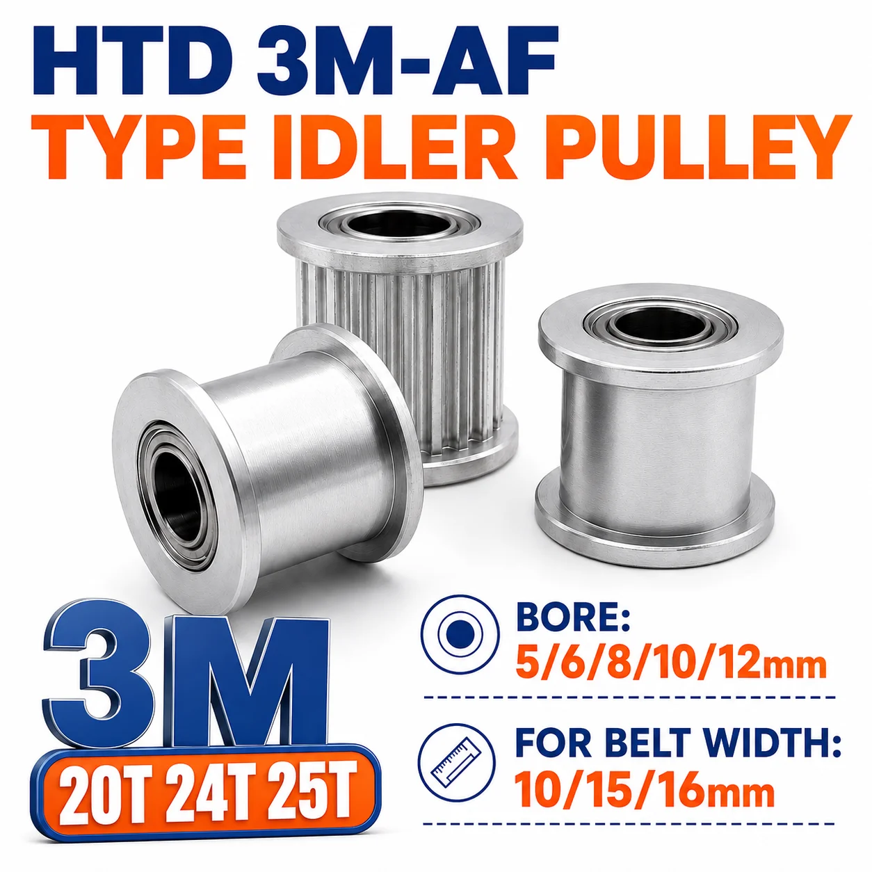 HTD 3M 20 24 25 Teeth Idler Timing Pulley Bore5~12mm Synchronous Wheel Idler Pulley Belt Width 10/15/16mm 3D Printer Accessories