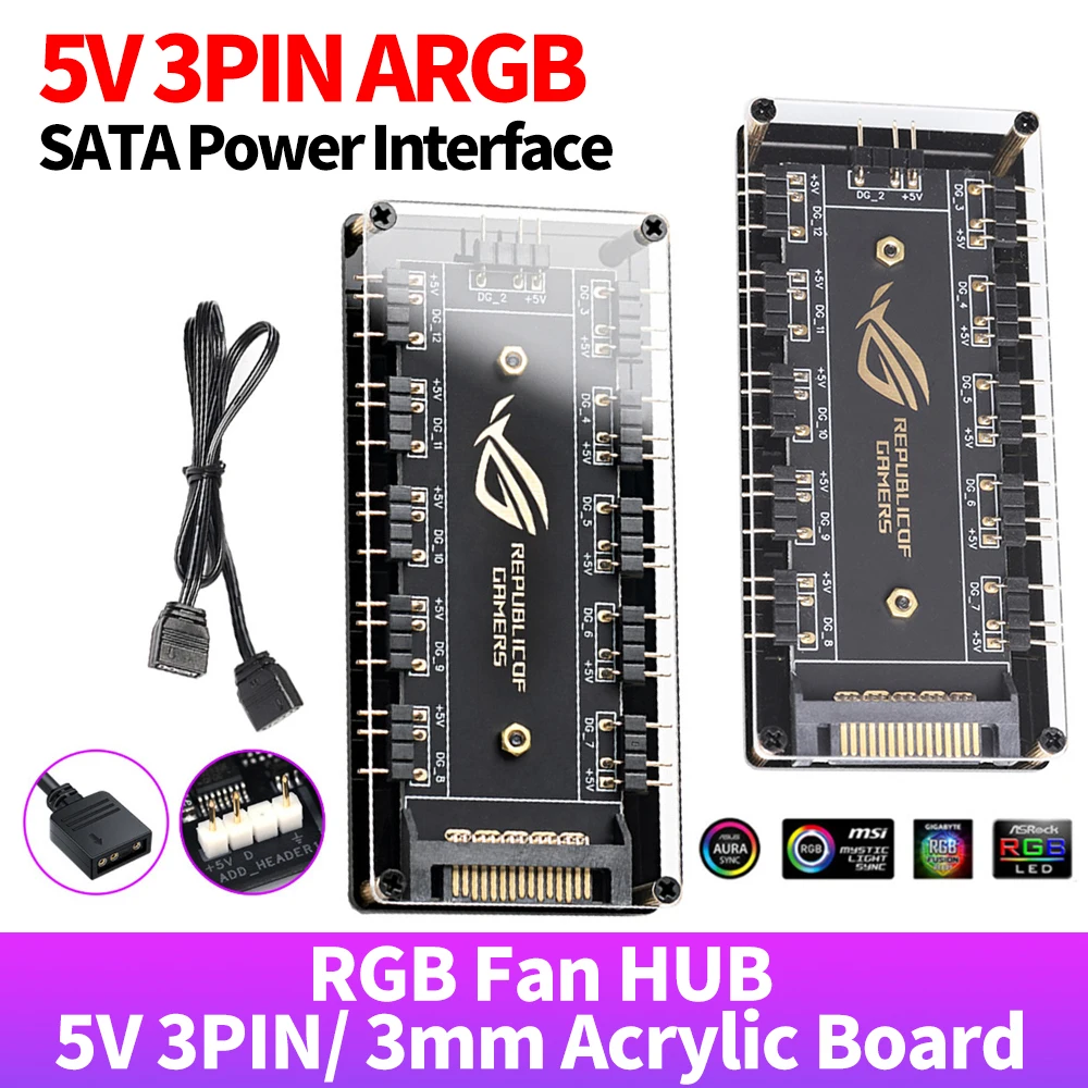 

10 ARGB Fan HUB SATA Power 5V 3PIN Extension Splitter Electron PC Computer Extension Cable for PC Computer Desktop