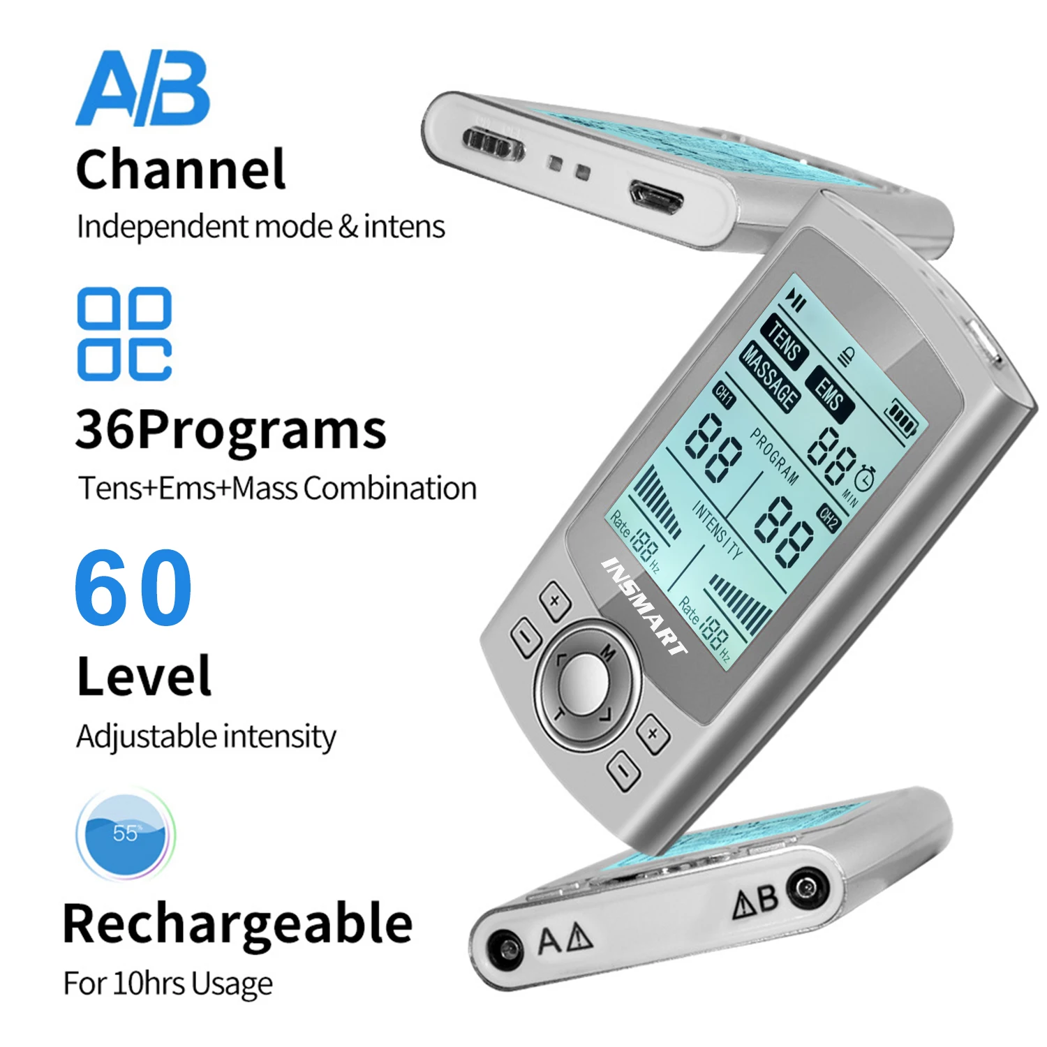 INSMART عشرات 60 طرق قابلة للشحن محفز العضلات EMS منصات القطب المزدوجة القناة لتدليك عضلات الرقبة الاسترخاء تدليك النبض