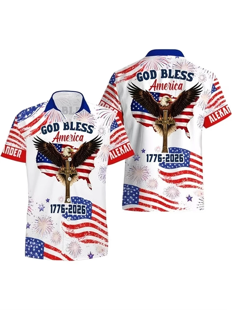 Fashion Men Hawaiian Shirts American Independence Day Shirts For Men Clothes US Flag Lapel Blouse USA 250th Anniversary Shirts