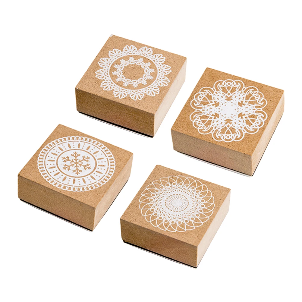 

4pcs Wooden Stamps Durable Safe Smooth Surface Scrapbooking Diary Decor Lace Pattern Beige Rubber Child DIY Craft