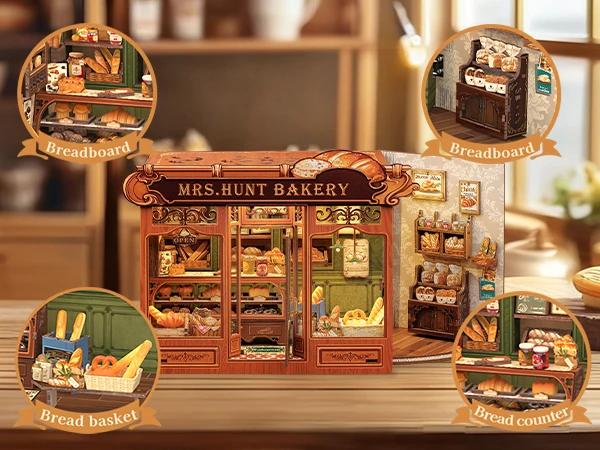 Original CUTEBEE 216pcs Mrs.Hunt Bakery Book Nook Kit DIY Miniature House Bakery Dessert Shop Dollhouse Booknook for Adults Tiny House Bookshelf Decor 3D Wooden Puzzle DIY Craft Gifts for Family Friends book nook para montar gifts for books fans
