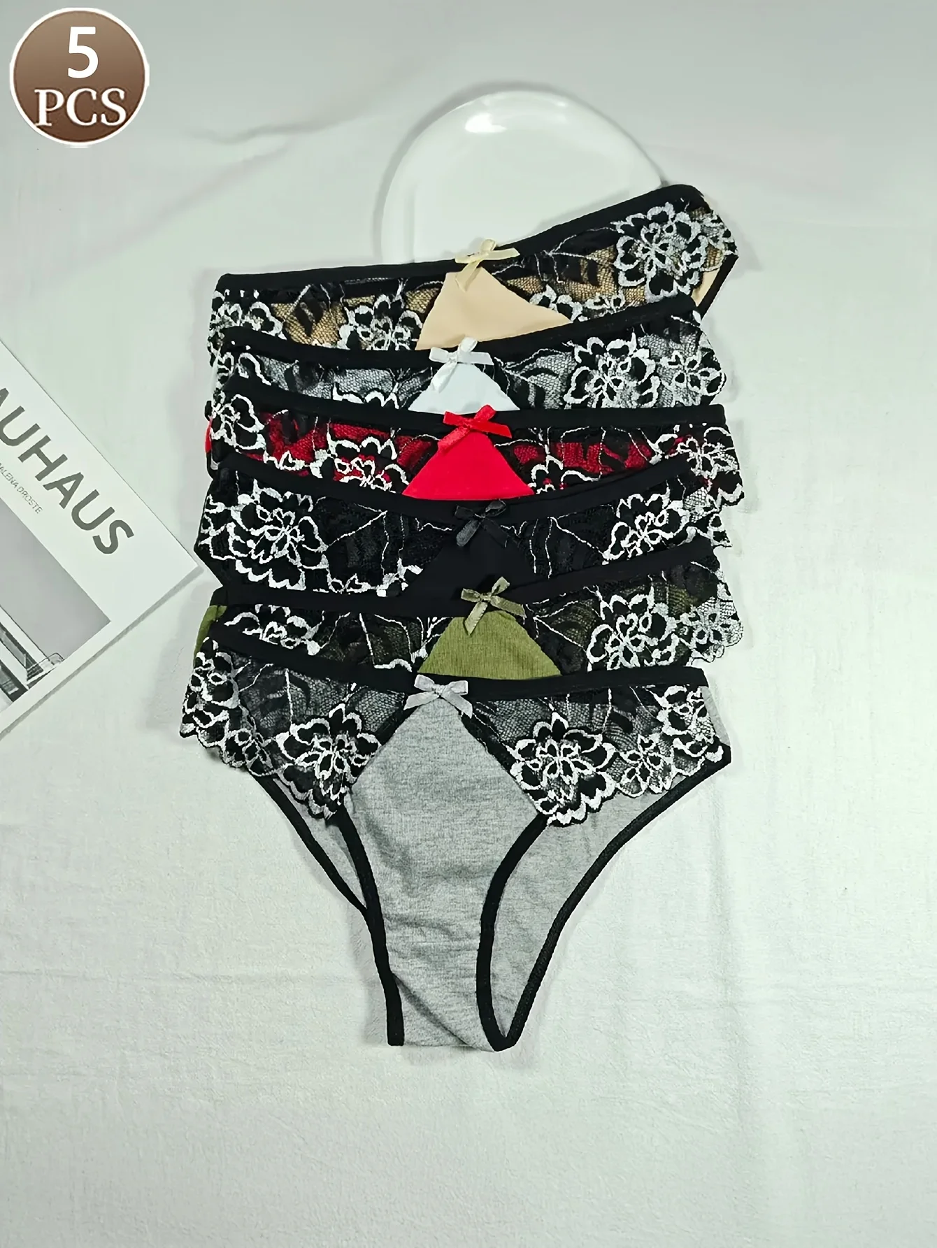 5-piece set of sexy lace stitched bowknot jacquard seamless women's underwear made of cotton, suitable for sports and comfortabl