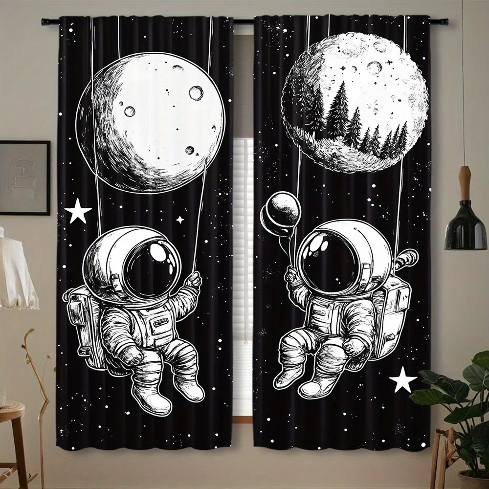 Sketch Astronaut Moon Balloon Blackout Rod Pocket Curtain Starry Space Pine Decor Teen Homestay Bedroom Rest Bay Window