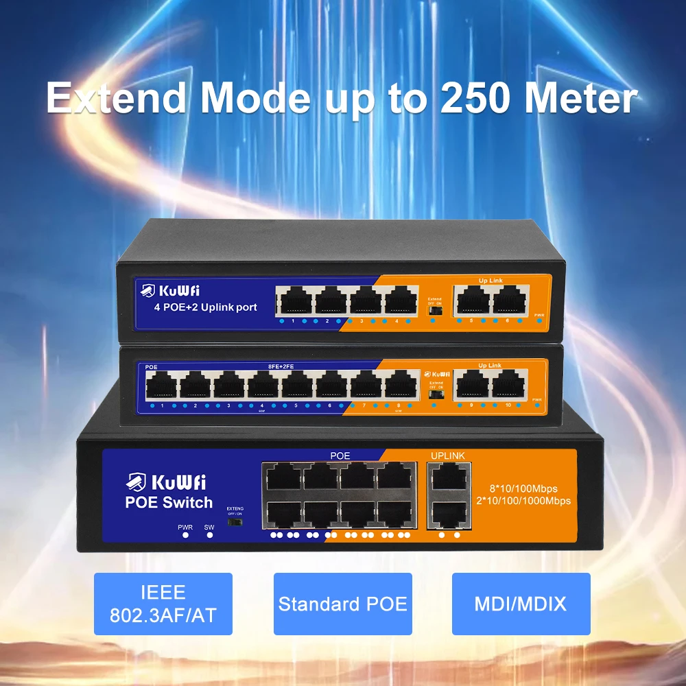 

Коммутатор Ethernet PoE KuWFi на 4/8 портов, 2 порта Uplink, расширение до 250 м, неуправляемый, Plug & Play для IP-камер, домашней лаборатории, роутера