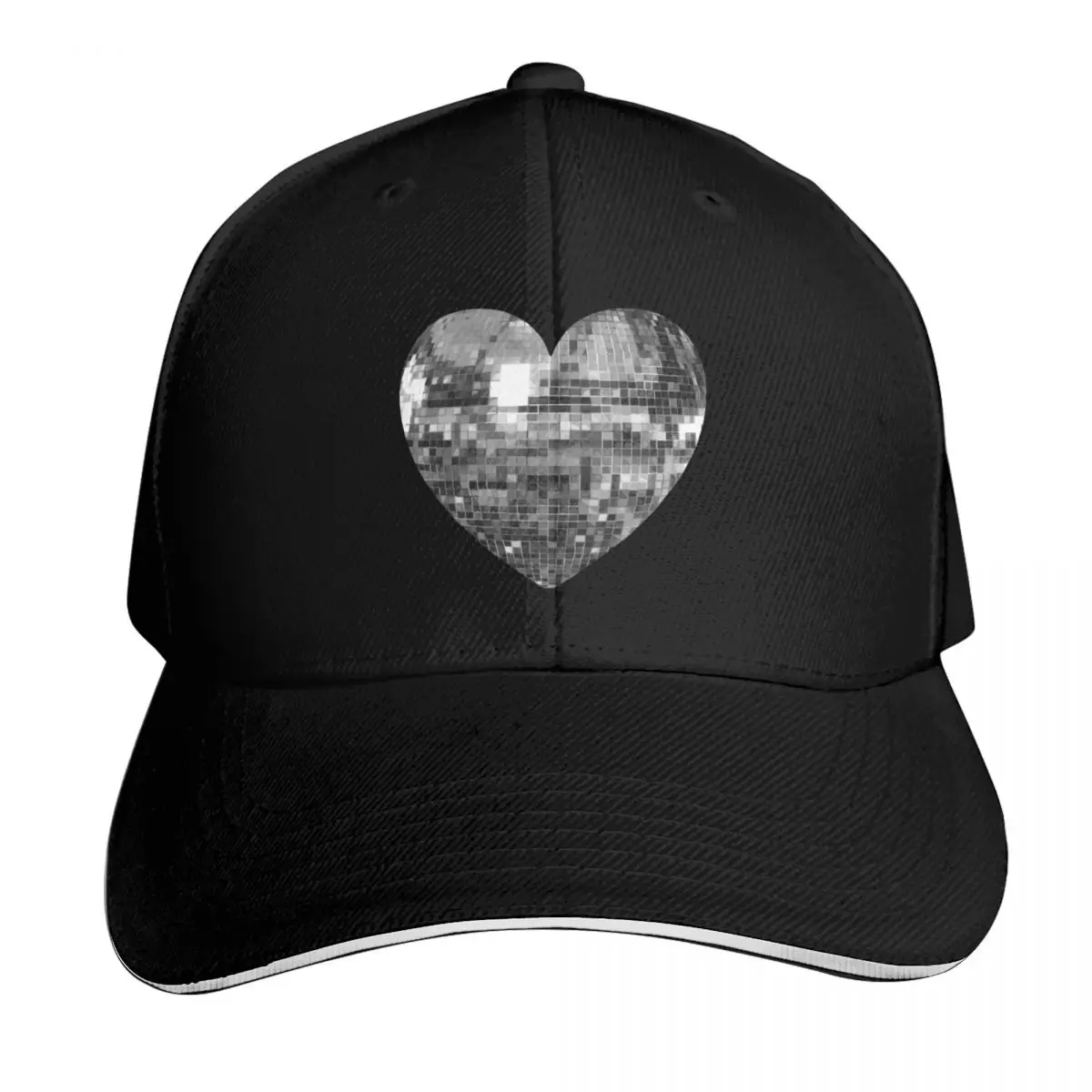 Mirrored Silver Disco Ball Heart Baseball Cap Gift for Him Her Casual Daily Wear Quick Dry Performance