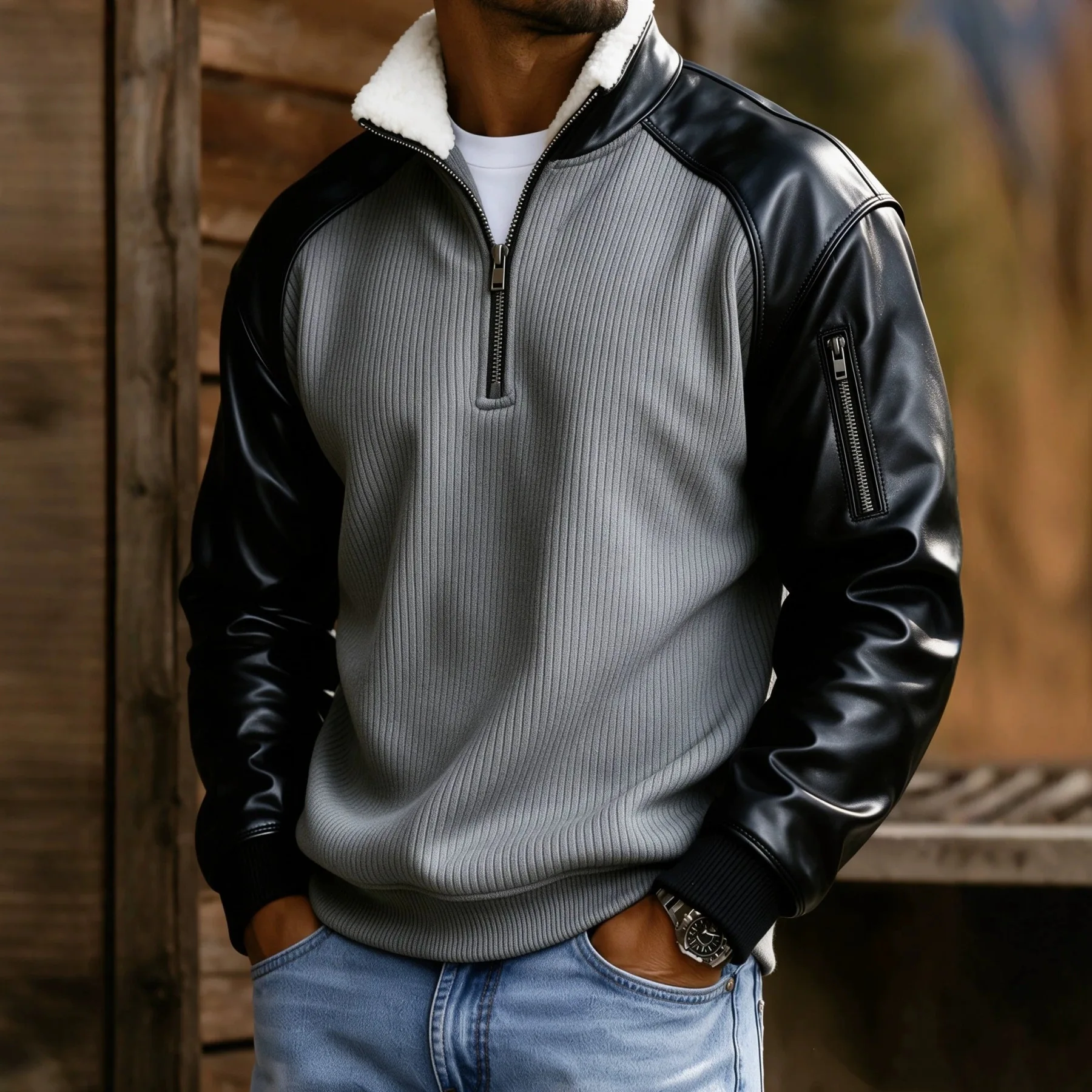 Men's Corduroy Pullover Trend Zipper stand up sweatshirt with velvet stitching design at the neck Men's Vintage Casual Jackets