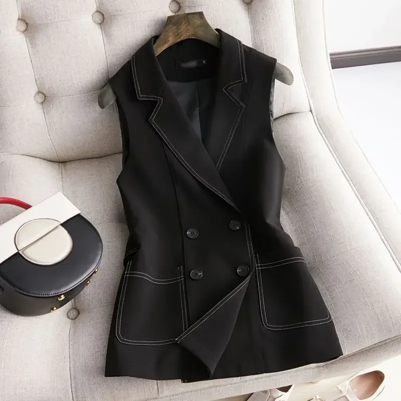 

2024 Spring Autumn New Long Vest Jacket Women Fashion Slim Sleeveless Coats Ladies Double Breasted Waistcoat Female Outwear D678