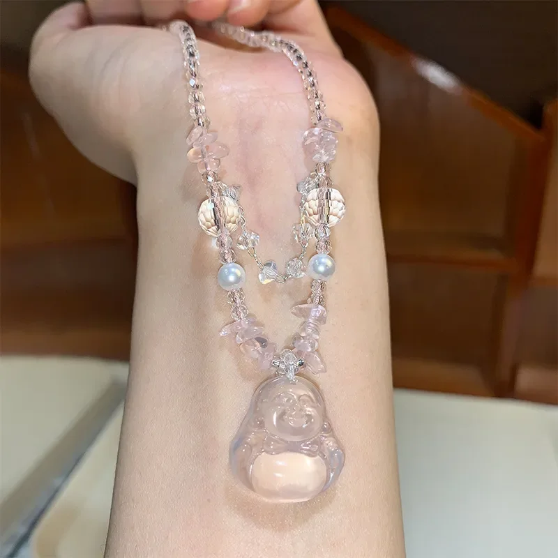 Crystal Necklace Mozambique Powder  Buddha Duke Neck Chain Powder Sweater Chain Mozambique Powder