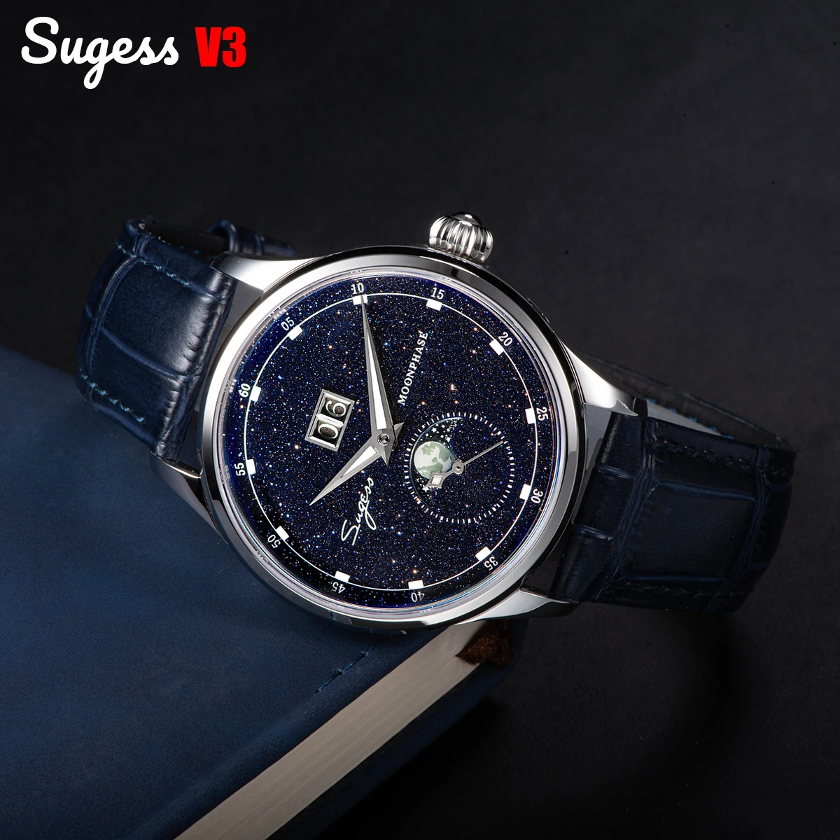 Sugess moonphase relógio masculino 40mm relógios de pulso mecânicos automáticos gaul st2528 movimento aço inoxidável azul arenito dial