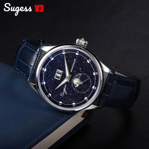 Reloj Sugess Moonphase para hombre, relojes de pulsera mecánicos automáticos de 40mm, movimiento de origen ST2528, esferas de arenisca azul de acero inoxidable