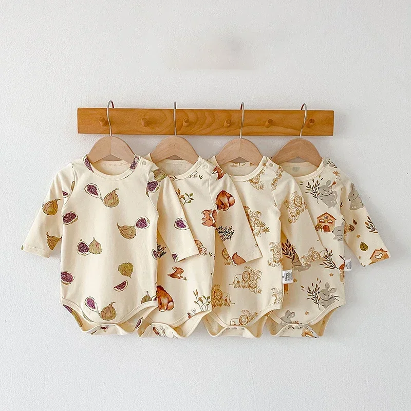 2024 New Autumn Baby Bodysuit 0-24 M Newborn 100 Days Home Clothes Infant Cute Animal Print Sleep Wear Toddler One Piece