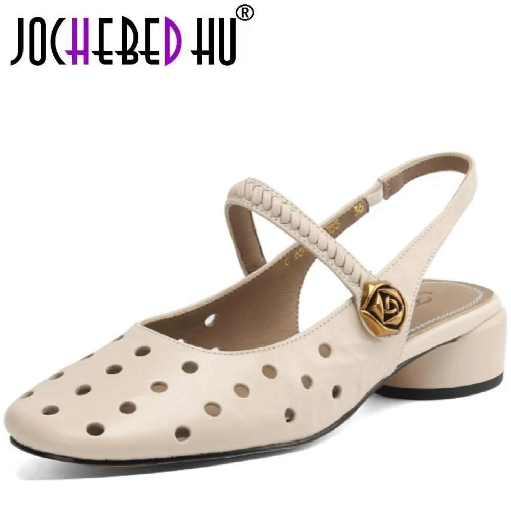 

【JOCHEBED HU】новые летние женские босоножки из натуральной кожи ручной работы, элегантные женские туфли на среднем каблуке с открытой пяткой, размеры 34-40