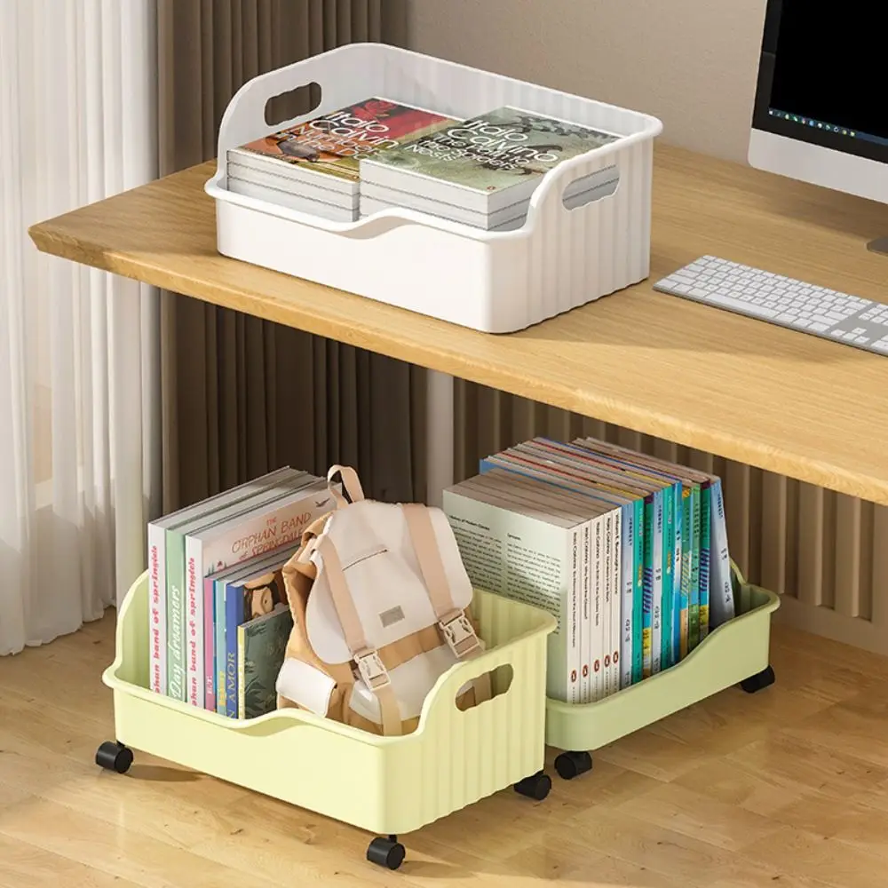 Plastic Movable Book Storage Box with Pulley Thickened Desktop Organizer Detachable Large Capacity Toy Storage Box Office