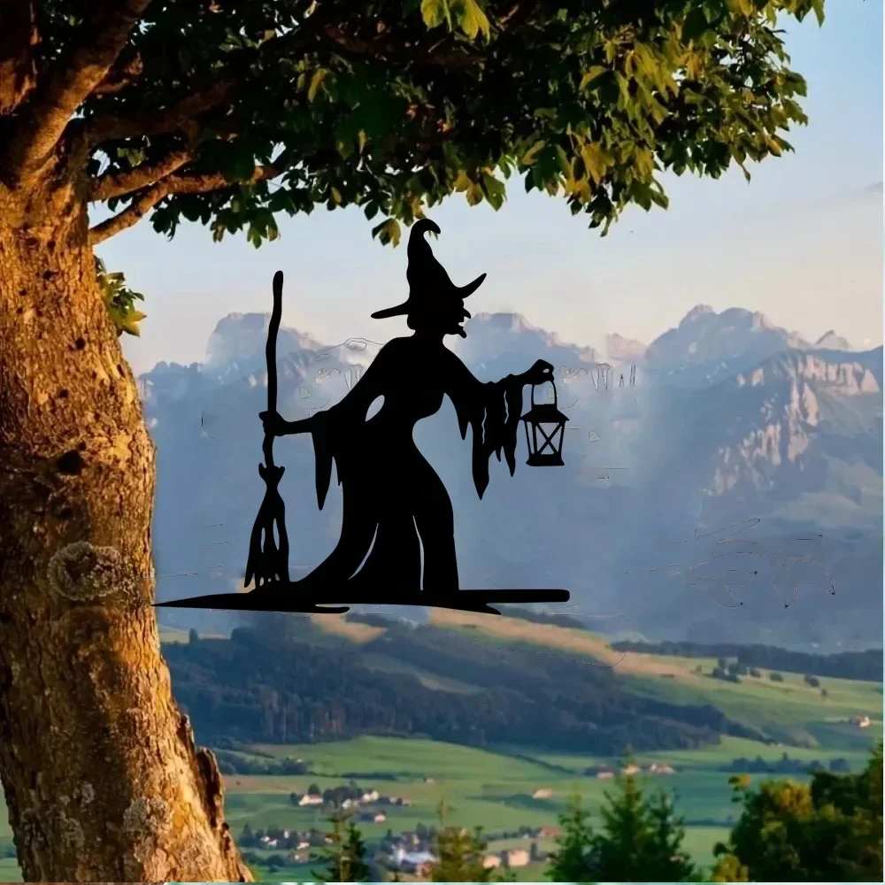 

Witch Lantern on Branch Steel Silhouette Metal Wall Art: Gorgeous Outdoor Decoration for Home Garden, Yard, Patio.