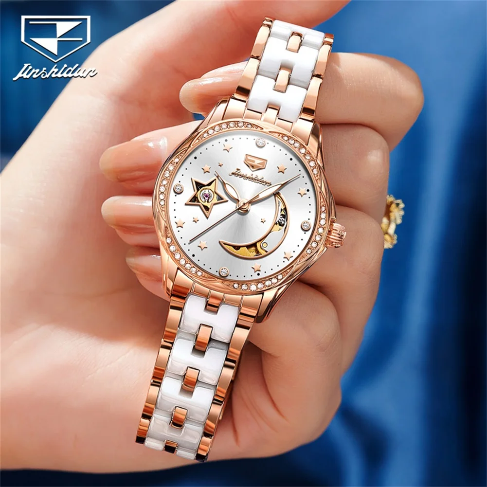 JSDUN Fashion Ceramic Skeleton Women Automatic Mechanical Watches New Luxury Ladies Watch Original Waterproof Lady Wrist Watch