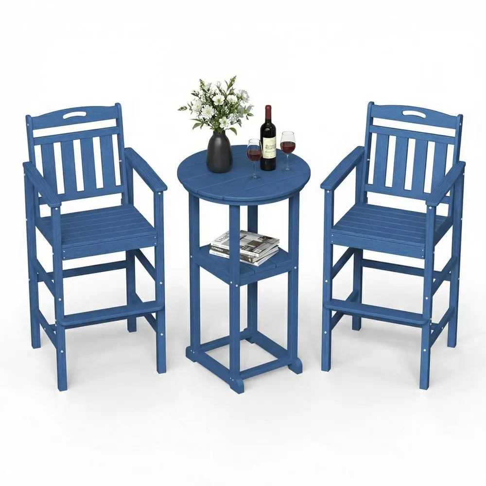 

3Pcs Bistro Table and Chairs, AllWeather Round High Top Bar Table with Storage Shelf and 2 Oversized Adirondack Chairs, Heavy D