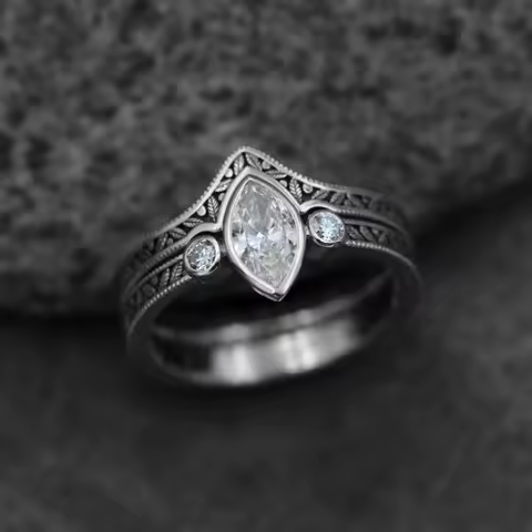 Vintage Engraved Zircon Ring Art Deco Style Engagement Ring with Side Stones Elegant Retro Silver color Unique Jewelry for Women