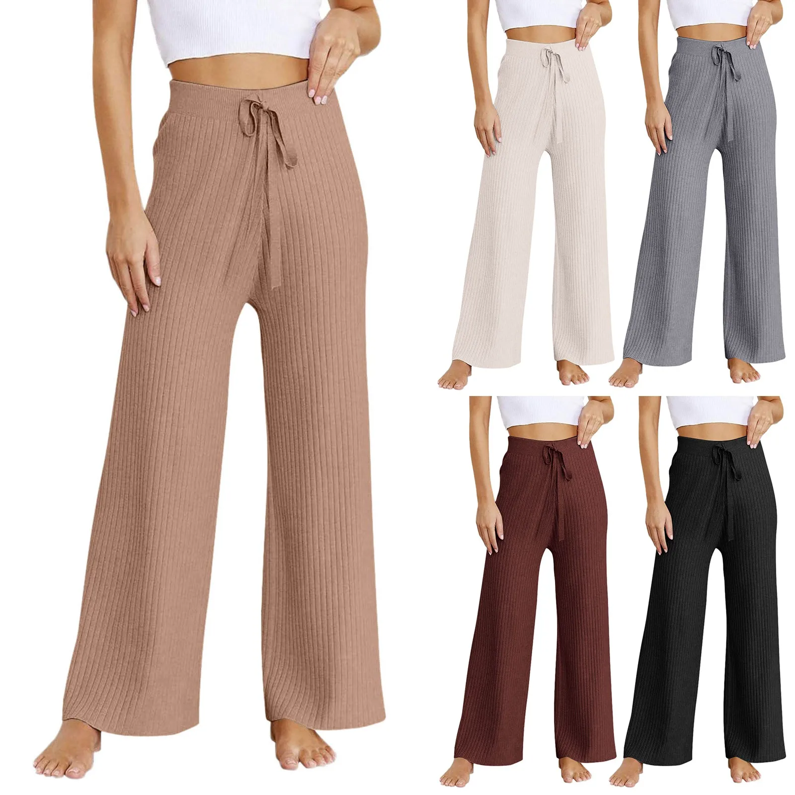 Women'S Ribbed Knit Wide Leg Pants Casual Flowing Sweater Pants With Elastic Waist Sweatpants Slim Fit Pants For All Seasons