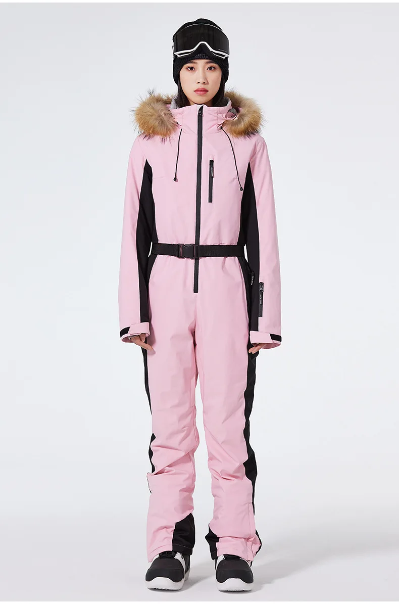 

Fur Hooded Woman One Piece Snow Suit Winter Slim Women Ski Jumpuist Outdoor Mountain Female Snowboard Overall Insulated Clothes