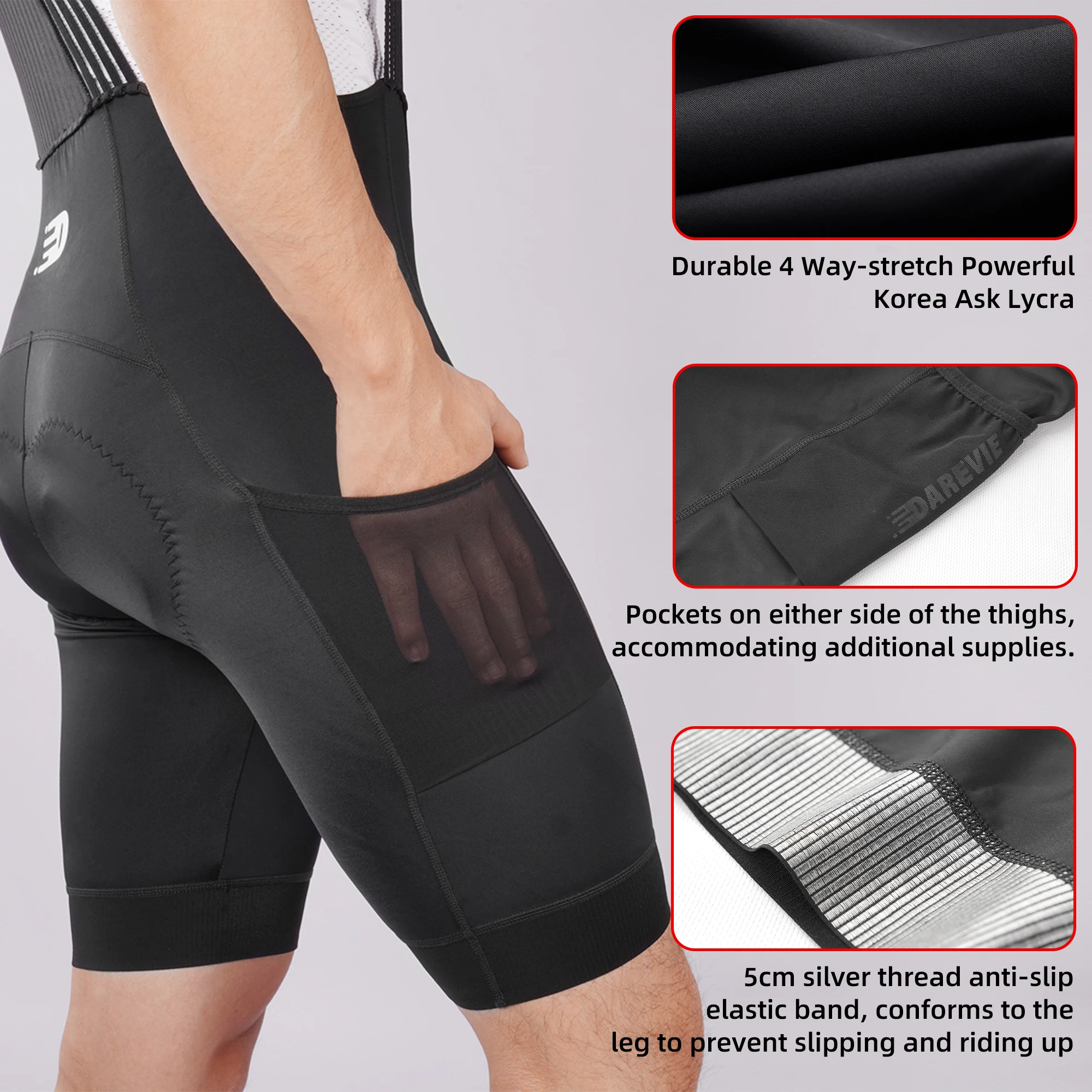 DAREVIE Cycling Bib Shorts Man with Pockets 2025 Men's Cycling Shorts 5CM Leg Gipper Pro Team Men's Cycling Clothing - Image 2